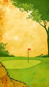 A creative illustration of a golf hole with a red flag on a vibrant green course, framed by a textured abstract background in warm hues, golf-themed banner with ample space for text, vertical