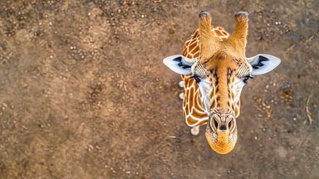 An aerial top-down view of a giraffe looking directly up at the camera, with a natural earthy background, perfect for wildlife and nature themed content. copy space