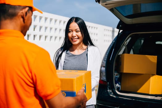 A smiling woman customer receives a cardboard parcel from a delivery service courier man at her home door showcasing efficient and modern home delivery logistics.