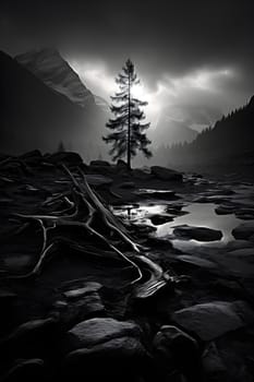 A solitary tree on a rocky terrain with sun rays piercing through the mountain mist in black and white - Generative AI