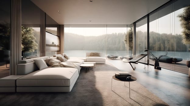 Modern design living room interior photo rendering with large windows and lake view - AI generative