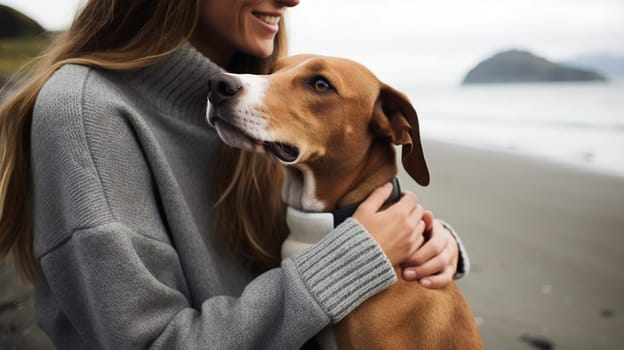 A carefree woman and her loyal brown canine companion enjoy a day at the beach - generative AI