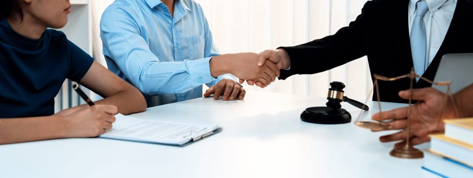 Couple shake hand with their lawyer after successfully completing marriage certification and receiving legal marriage consultation assistance from law firm. Panorama Rigid