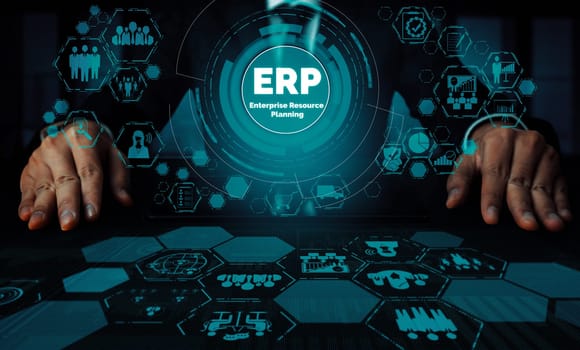 Enterprise Resource Management ERP software system for business resources plan presented in modern graphic interface showing future technology to manage company enterprise resource. uds