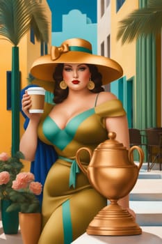 iilustration of voluptous female model having latte macchiato relax outdoors poolside in villagenerative ai art