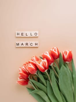 Hello march concept. Aesthetic background for beginning of spring. Hello march text and bunch of red tulip on beige champagne background. Top view or flat lay. Vertical