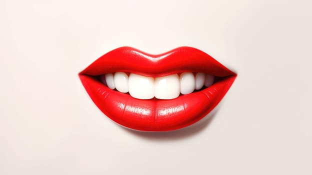 3D realistic smiling glossy red lips on white. cosmetic, fashion, and romantic designs. Open mouth with teeth, lipstick promotion
