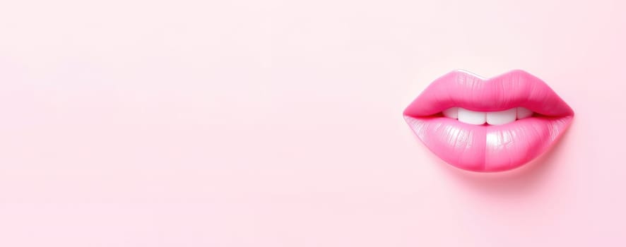 Banner of 3D realistic smiling glossy pink lips on pink. cosmetic, fashion, and romantic designs. Open mouth with teeth, lipstick promotion