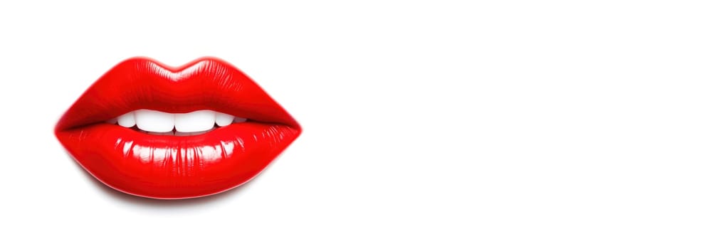 Banner of 3D realistic smiling glossy red lips on white. cosmetic, fashion, and romantic designs. Open mouth with teeth, lipstick promotion