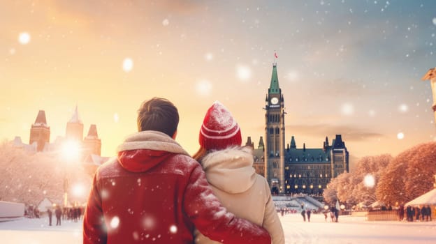 Happy Canadian wearing winter clothes celebrating Christmas holiday at Parliament Hill. People having fun hanging out together walking on city street. Winter holidays and relationship concept.