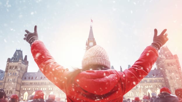 Happy Canadian wearing winter clothes celebrating Christmas holiday at Parliament Hill. People having fun hanging out together walking on city street. Winter holidays and relationship concept.