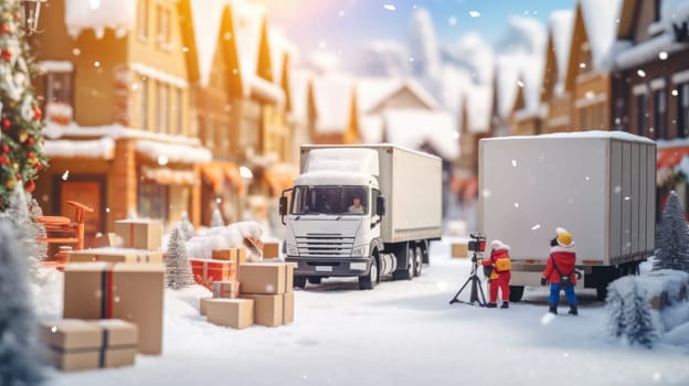 Small Christmas trees, gift boxes and toy pickup truck in the snow, bokeh light, New Year and Christmas celebration, boxing day.