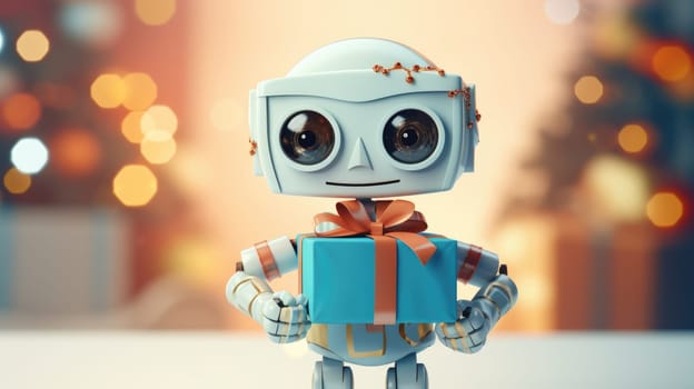 Shot of robot holding a small gift box. Holidays and celebration concept