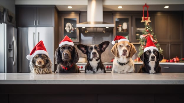 Five dogs celebrating Christmas holidays wearing red Santa Claus hat, reindeer antlers and red present ribbon kitchen on background