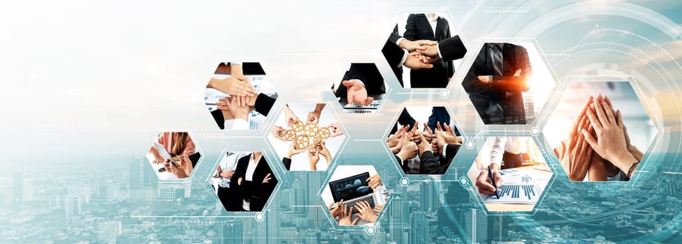 Teamwork and human resources HR management technology concept in corporate business with people group networking to support partnership, trust, teamwork and unity of coworkers in office vexel