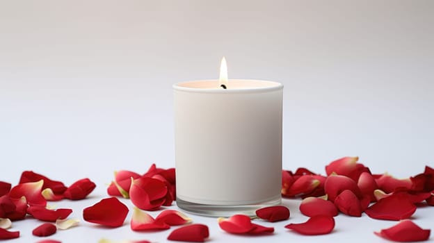 Soy wax aroma candles in jar on table with red flower petals. Candle mockup design. Mockup soy wax candle in natural style