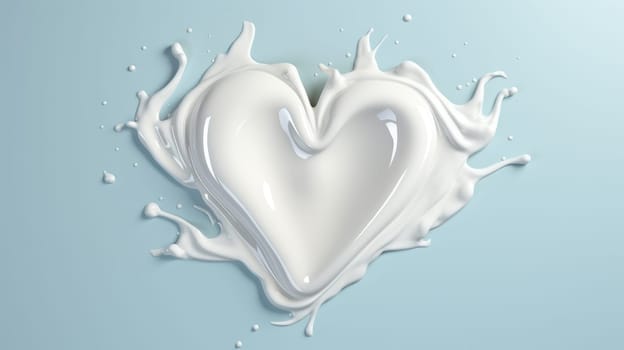 White glossy Heart made of milk splashes on blue background. Valentines day background