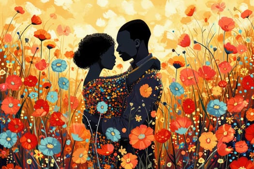 beautiful romance of lovers on valentines day in nature outdoors embracing with affection pragma . african american black people .