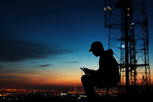 Silhouette of communication tower against twilight sky with person testing signal. Generative AI.