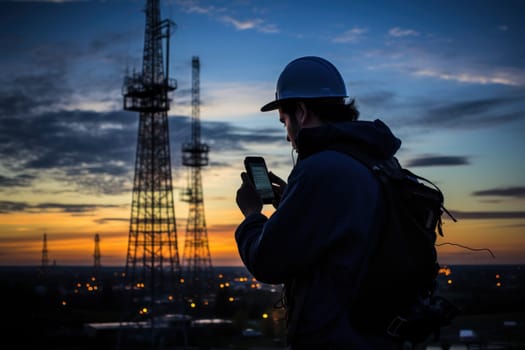 Silhouette of communication tower against twilight sky with person testing signal. Generative AI.