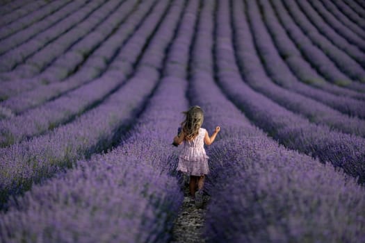 Lavender field girl. Back view happy girl in pink dress with flowing hair runs through a lilac field of lavender. Aromatherapy travel.