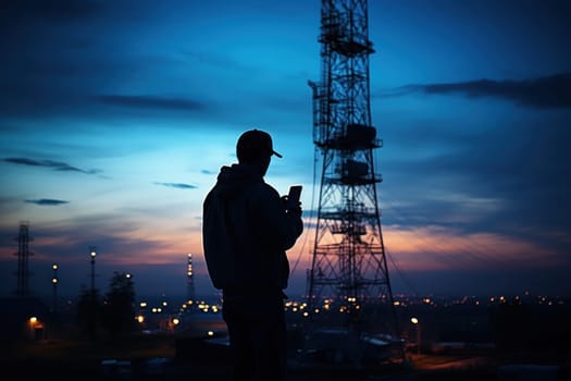 Silhouette of communication tower against twilight sky with person testing signal. Generative AI.