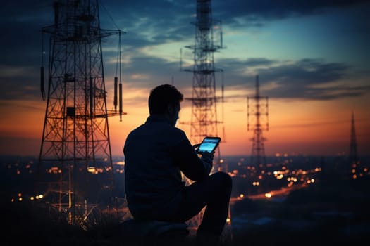 Silhouette of communication tower against twilight sky with person testing signal. Generative AI.