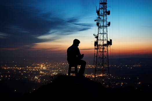 Silhouette of communication tower against twilight sky with person testing signal. Generative AI.