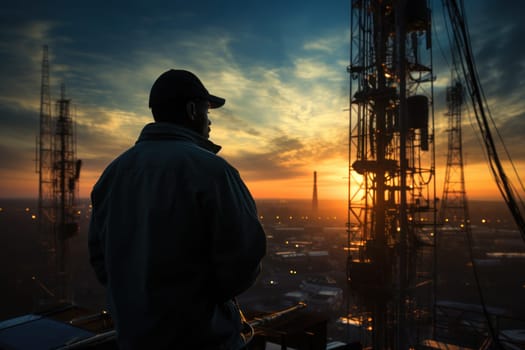 Silhouette of communication tower against twilight sky with person testing signal. Generative AI.