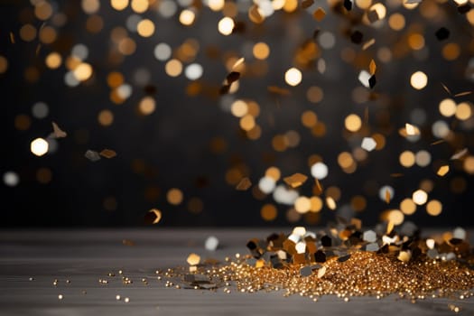 Dark grey background gold sparkles, gold glitter, gold bokeh in foreground. Generative AI.