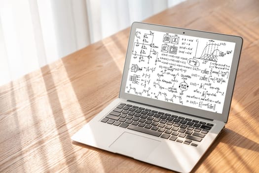 Mathematic equations and modish formula on computer screen showing concept of science and education