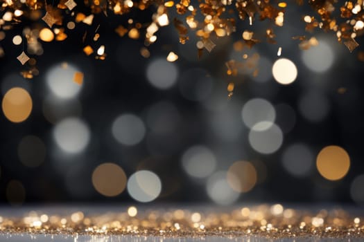 Dark grey background gold sparkles, gold glitter, gold bokeh in foreground. Generative AI.