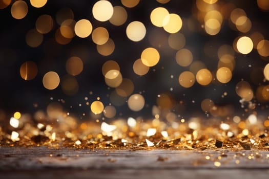 Dark grey background gold sparkles, gold glitter, gold bokeh in foreground. Generative AI.