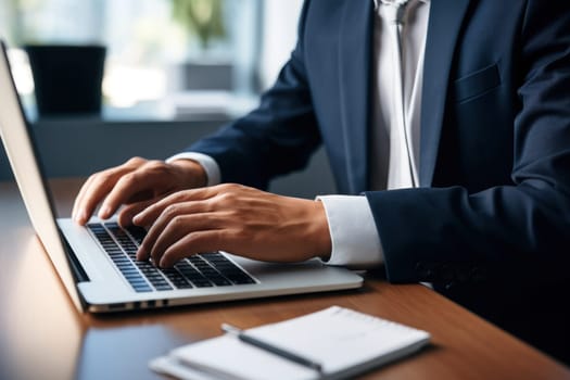 Photo of hands typing on a laptop. inside an office, business oriented atmosphere. Generative AI.