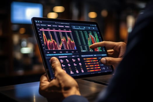 Close up of a trader's hand executing trades on a tablet with market analysis. Generative AI.