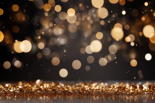 Dark grey background gold sparkles, gold glitter, gold bokeh in foreground. Generative AI.