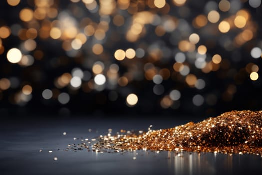 Dark grey background gold sparkles, gold glitter, gold bokeh in foreground. Generative AI.