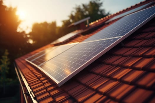 Close-up of solar panels on the roof of a house, Generative AI.