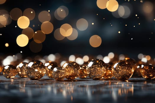 Dark grey background gold sparkles, gold glitter, gold bokeh in foreground. Generative AI.