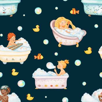 Seamless pattern of watercolor children in the bath different nationality, playing bath toys. A lot of soap foam in the bath. Watercolor isolated illustration. Cosy funny design.