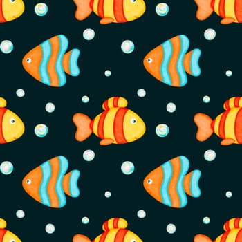 Watercolor seamless pattern. colorful fish and colorful soap bubbles pattern. Toys. Bath toys background. Design for kids, children, textile, fabric, home decor. Painted ornament.