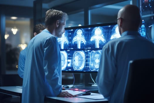 A team of doctors in a hospital's radiology department on a large monitor. Generative AI.