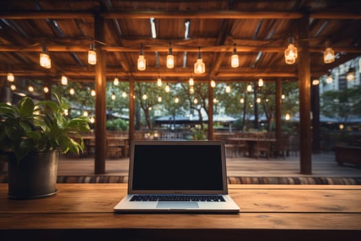 Laptop mockup in a cozy cafe, work and relaxation, technology meets comfort. Generative AI.