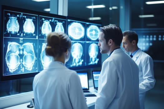A team of doctors in a hospital's radiology department on a large monitor. Generative AI.