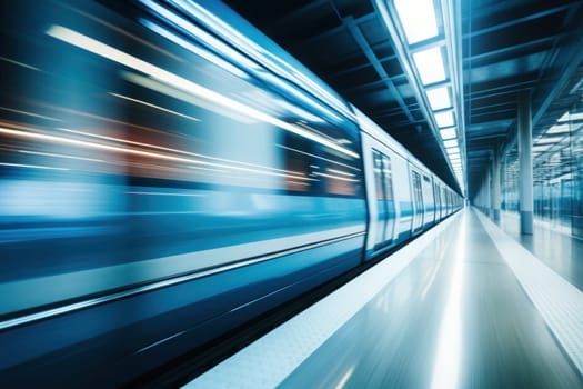 Fast express passenger train, futuristic conceptual technology on high speed railway. Generative AI.