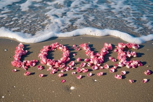 romantic beach of love rose petals on the coastline wide view pragma