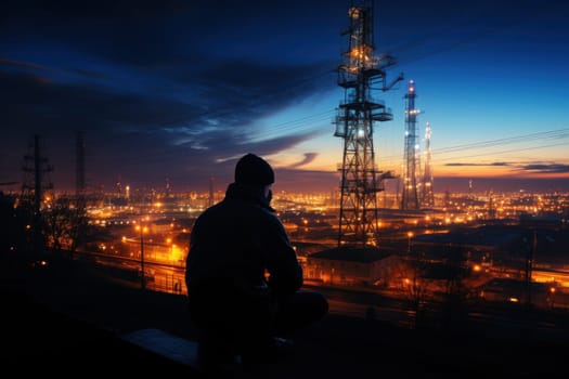 Silhouette of communication tower against twilight sky with person testing signal. Generative AI.