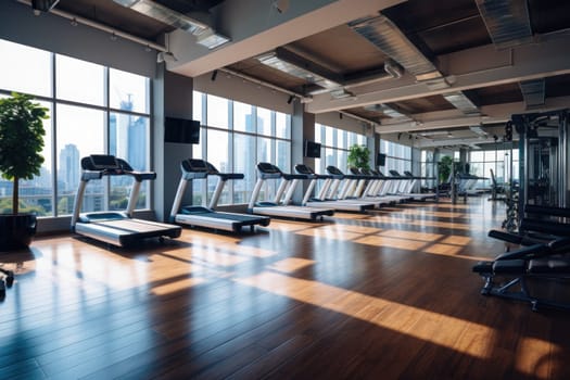 Modern and fully equipped gym located a higher floor of a commercial tower building. Generative AI.