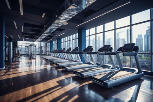 Modern and fully equipped gym located a higher floor of a commercial tower building. Generative AI.