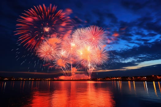 Vibrant new years banner with fireworks and cheering crowd. Generative AI.